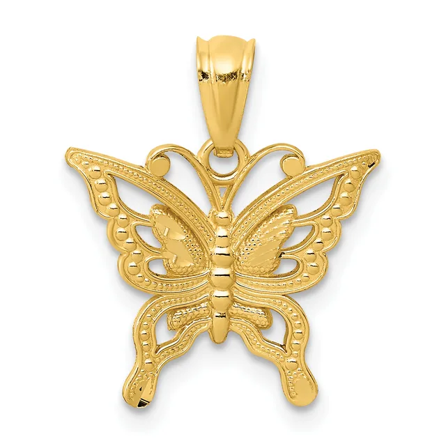 A gold butterfly pendant with detailed filigree wings and a bail loop at the top, shown against a white background.