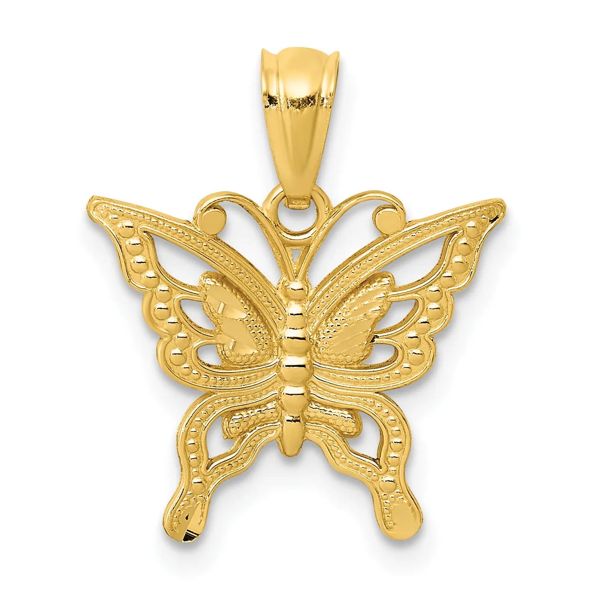 A gold butterfly pendant with detailed filigree wings and a bail loop at the top, shown against a white background.