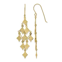 Pair of gold chandelier earrings with textured diamond-shaped pendants arranged in a cascading drop pattern, suspended from fish hook wires.