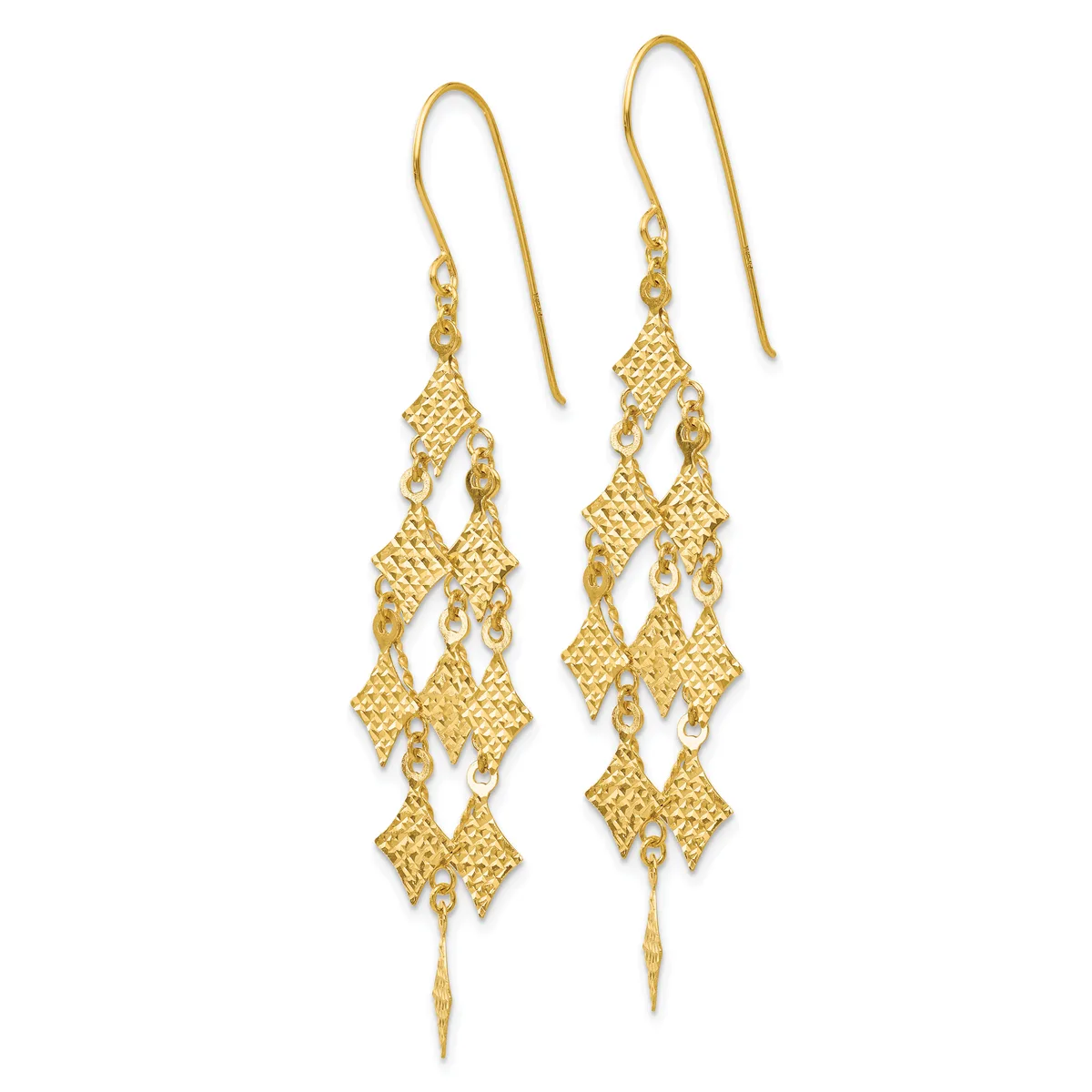 Pair of gold chandelier earrings with textured diamond-shaped drops arranged in cascading tiers, suspended from curved ear wires.