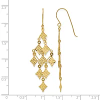 A pair of gold chandelier earrings with multiple tiered diamond-shaped pendants hanging from hook wires, displayed next to a measurement scale showing approximately 2.5 inches in length.