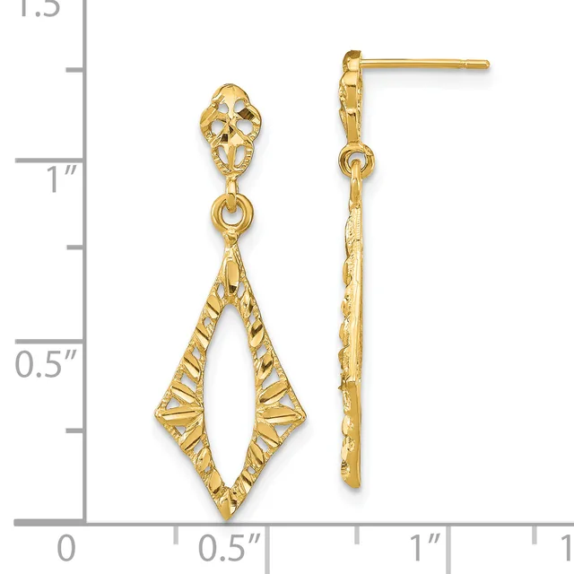 Pair of gold dangle earrings with textured diamond-shaped pendants hanging from decorative posts, displayed against a measurement scale.