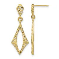Pair of gold dangle earrings with textured diamond-shaped pendants hanging from ornate oval studs, shown from front and back views.