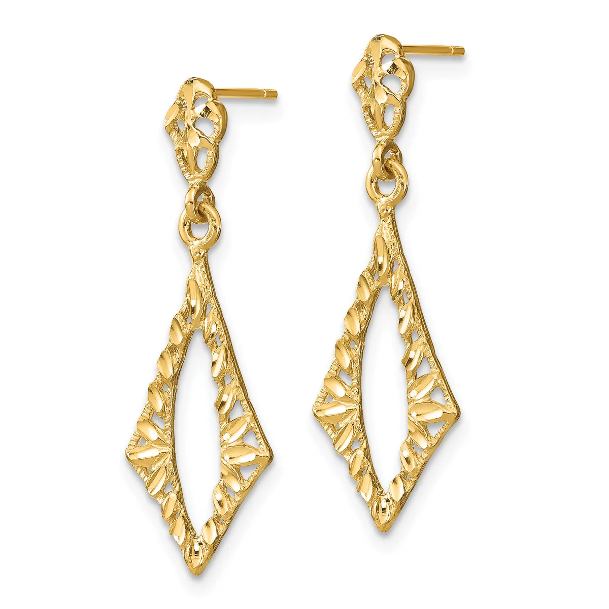Pair of gold-colored dangling earrings with textured diamond-shaped pendants suspended from decorative post and loop tops.