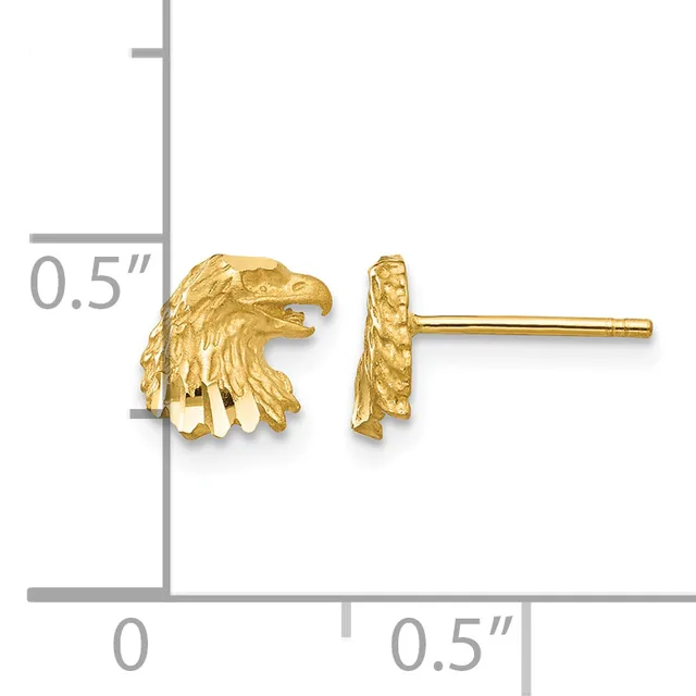 Gold eagle head stud earrings with textured feather detail shown against a measurement scale indicating approximately 0.5 inches in length.
