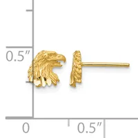 Gold eagle head stud earrings with textured feather detail shown against a measurement scale indicating approximately 0.5 inches in length.