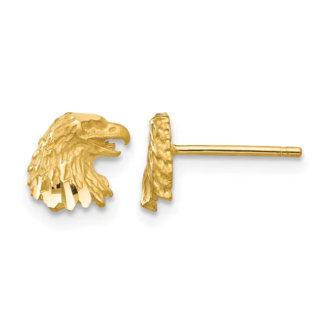 A pair of gold eagle head stud earrings shown from front and side views, featuring detailed feather texture and posts.