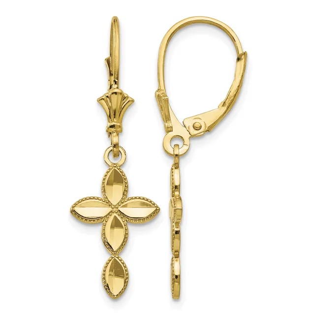 Pair of gold lever-back earrings with four-pointed cross pendants featuring textured oval elements and beaded edges.