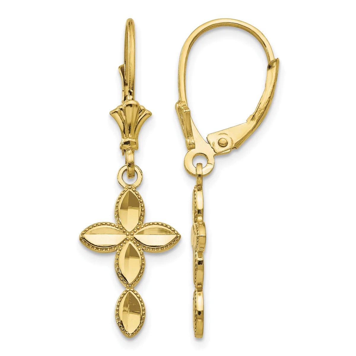 Pair of gold lever-back earrings with four-pointed cross pendants featuring textured oval elements and beaded edges.