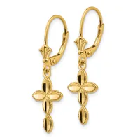 Pair of gold lever-back earrings with decorative cross pendants featuring textured oval details and a small stamped hallmark on each piece.