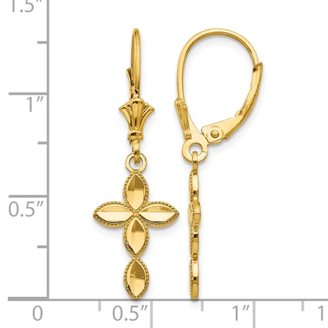 Pair of gold lever-back earrings with ornate four-pointed cross pendants featuring faceted teardrop-shaped elements, displayed against a measurement ruler.