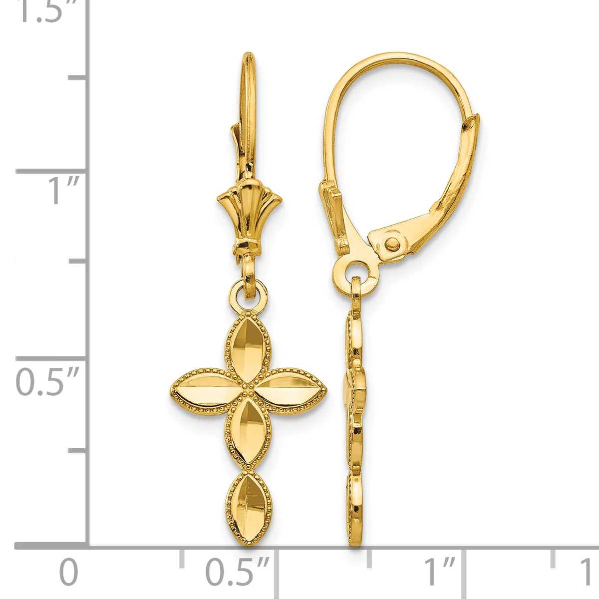 Pair of gold lever-back earrings with ornate four-pointed cross pendants featuring faceted teardrop-shaped elements, displayed against a measurement ruler.