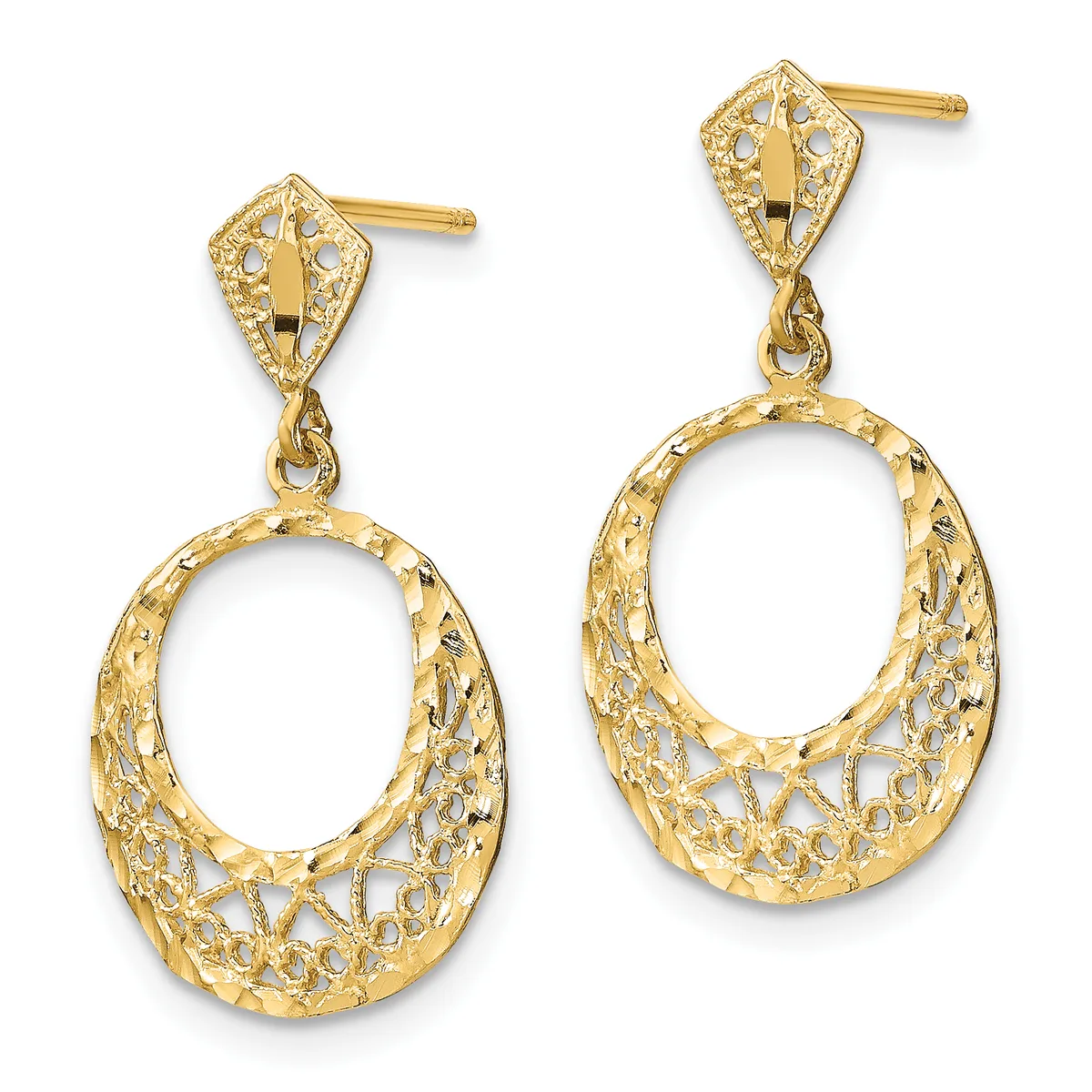 Pair of gold filigree dangle earrings featuring ornate diamond-shaped posts above oval open-work hoops with intricate cutout patterns throughout.