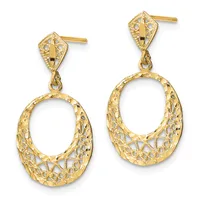 Pair of gold filigree dangle earrings featuring ornate diamond-shaped posts above oval open-work hoops with intricate cutout patterns throughout.
