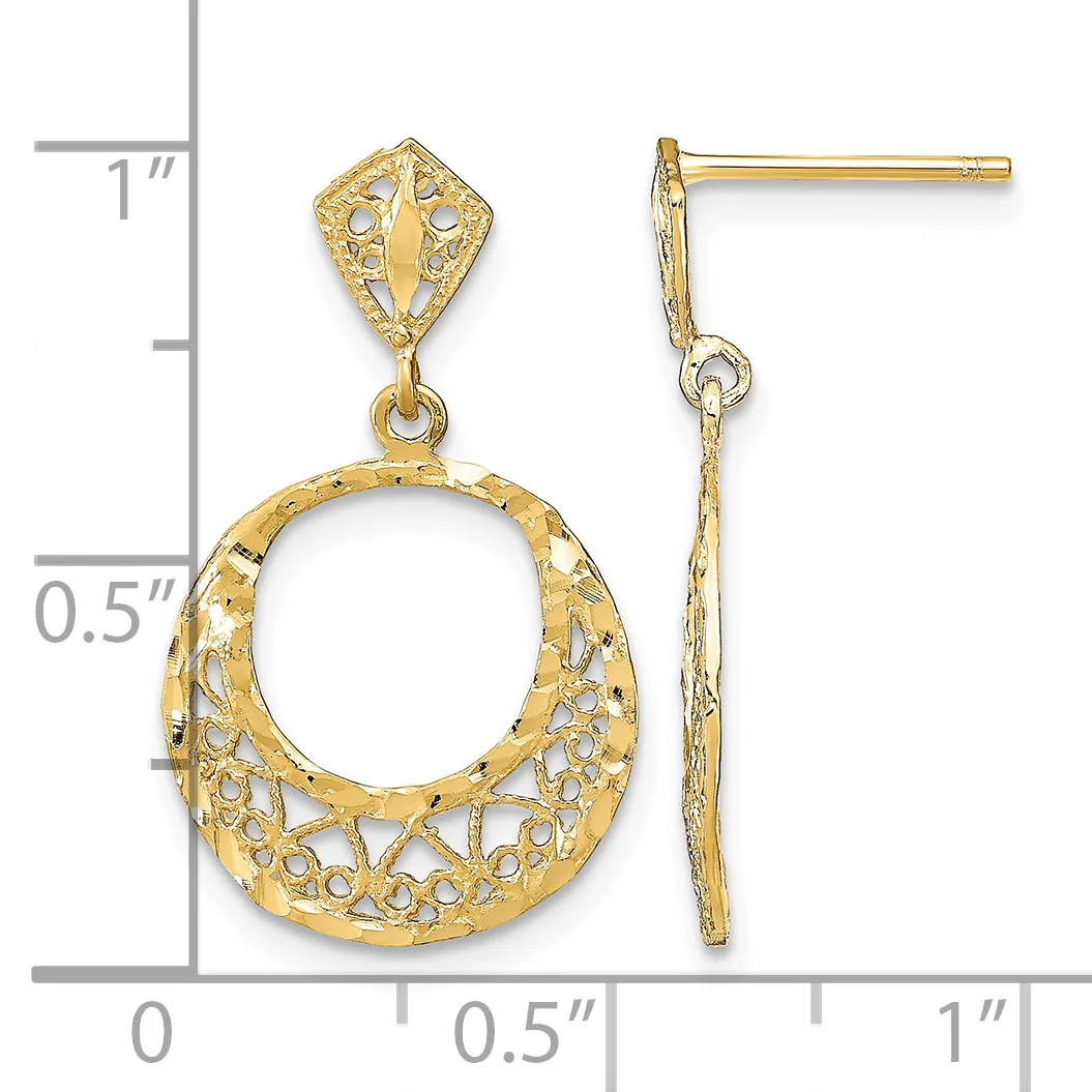 Pair of gold filigree drop earrings with diamond-shaped posts and circular pendants, displayed against a measurement scale.
