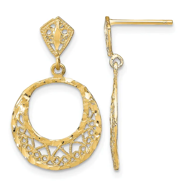A pair of gold filigree dangle earrings with ornate diamond-shaped tops and circular openwork pendants, shown front and side view.