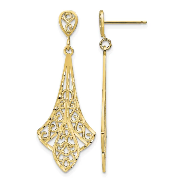 Pair of gold filigree drop earrings with teardrop-shaped tops and elongated diamond-shaped pendants featuring ornate scrollwork patterns, shown front and side views.