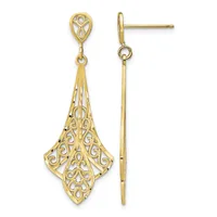 Pair of gold filigree drop earrings with teardrop-shaped tops and elongated diamond-shaped pendants featuring ornate scrollwork patterns, shown front and side views.