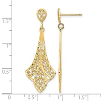 Pair of gold filigree dangle earrings with teardrop-shaped studs and elongated ornamental pendants, shown against a ruler measuring approximately 1.5 inches in length.