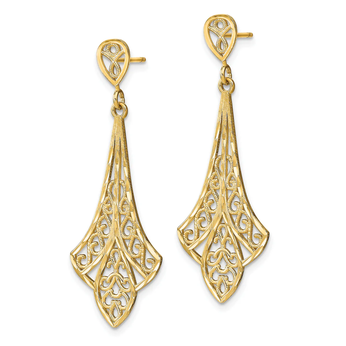 Pair of gold filigree drop earrings with ornate teardrop-shaped pendants featuring scrollwork cutout designs, suspended from small matching teardrop studs.