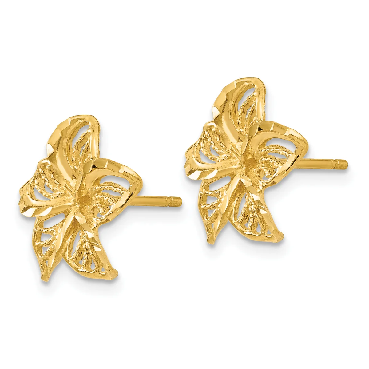 Pair of gold butterfly stud earrings with detailed textured wings and posts, displayed side by side against a white background.
