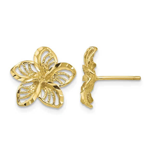 Pair of gold filigree flower stud earrings shown from front and side views, featuring openwork petal designs with post and clutch backs.