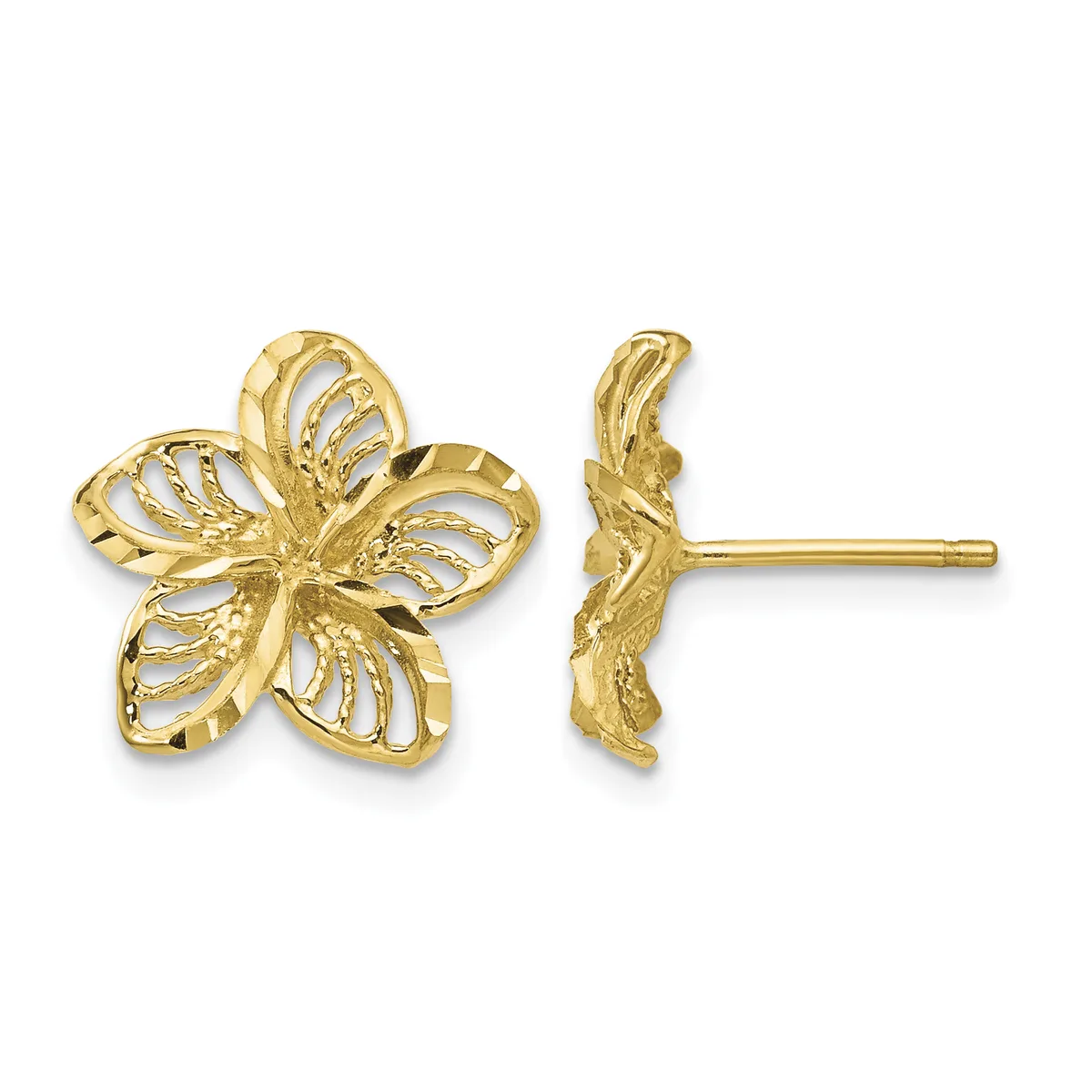 Pair of gold filigree flower stud earrings shown from front and side views, featuring openwork petal designs with post and clutch backs.