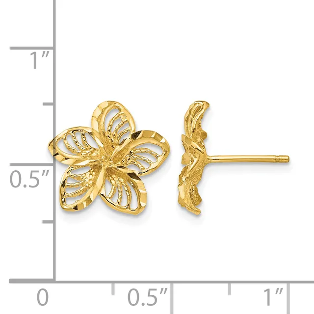 Gold flower stud earrings with openwork petals shown next to a measurement ruler indicating approximately half-inch diameter.