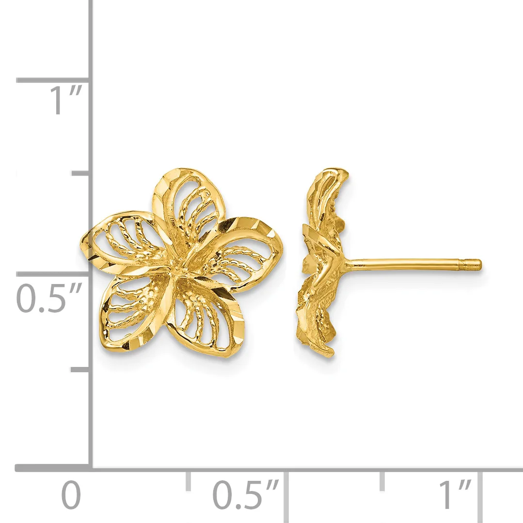 Gold flower stud earrings with openwork petals shown next to a measurement ruler indicating approximately half-inch diameter.