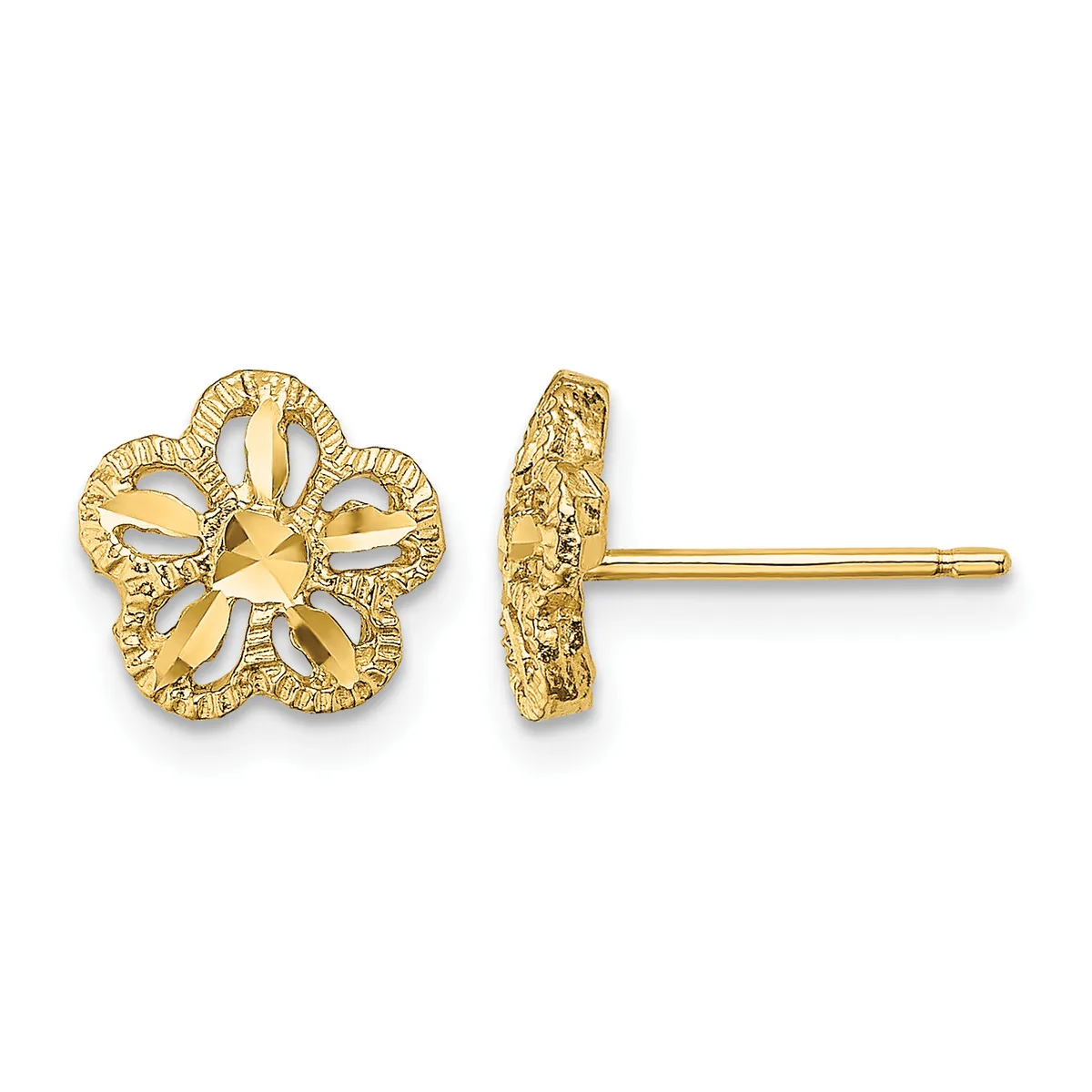 Pair of gold flower-shaped stud earrings with textured petals and posts, shown from front and side views.