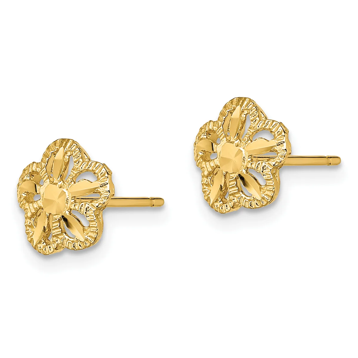 A pair of gold flower-shaped stud earrings with textured petals and posts, shown from the front.