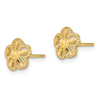 A pair of gold flower-shaped stud earrings with textured petals and posts, shown from the front.