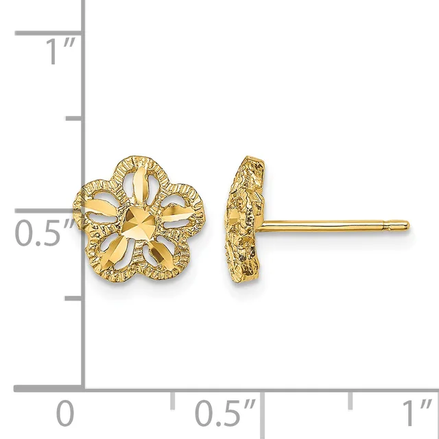 Gold-colored flower-shaped stud earrings with textured petals shown front and side view next to a ruler measuring approximately half an inch tall.