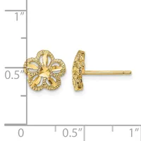Gold-colored flower-shaped stud earrings with textured petals shown front and side view next to a ruler measuring approximately half an inch tall.