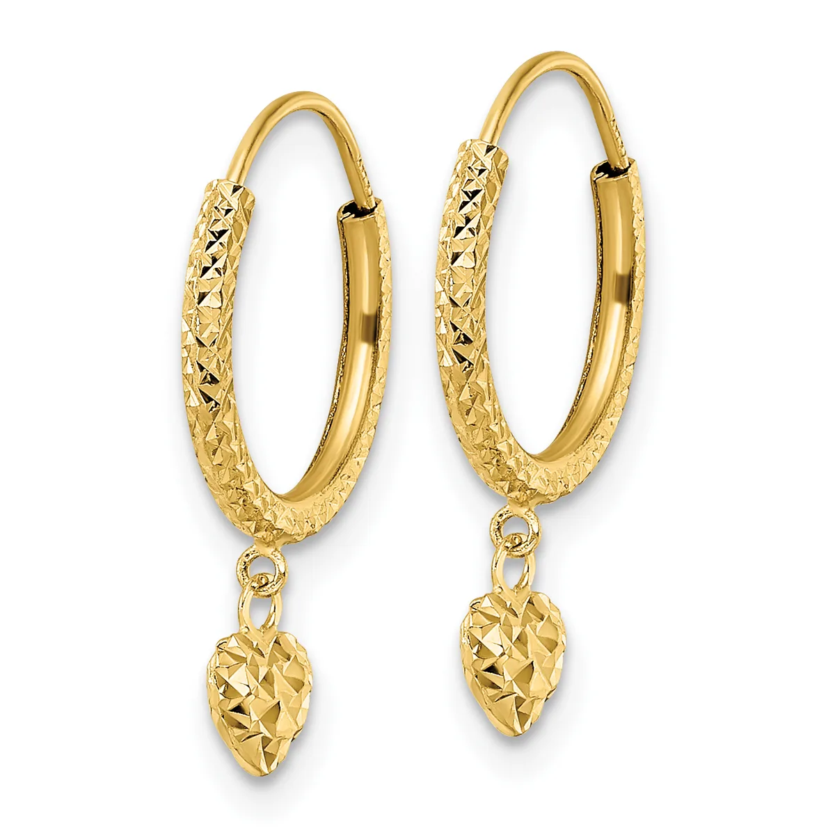 Pair of gold hoop earrings with textured surfaces and small dangling teardrop-shaped charms attached below.
