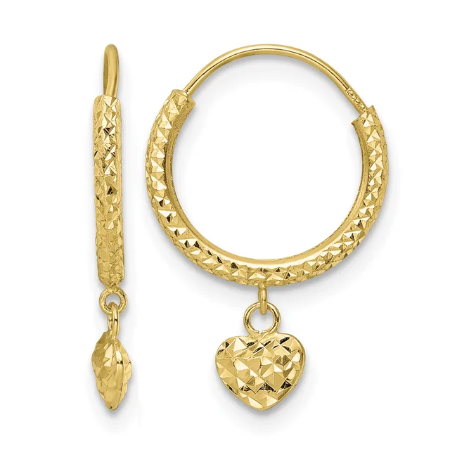 Pair of gold hoop earrings with textured surface finish and dangling heart-shaped charms attached by small loops.
