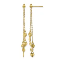 Pair of gold dangle earrings with ball studs and multiple fan-shaped charms suspended from delicate chain links.