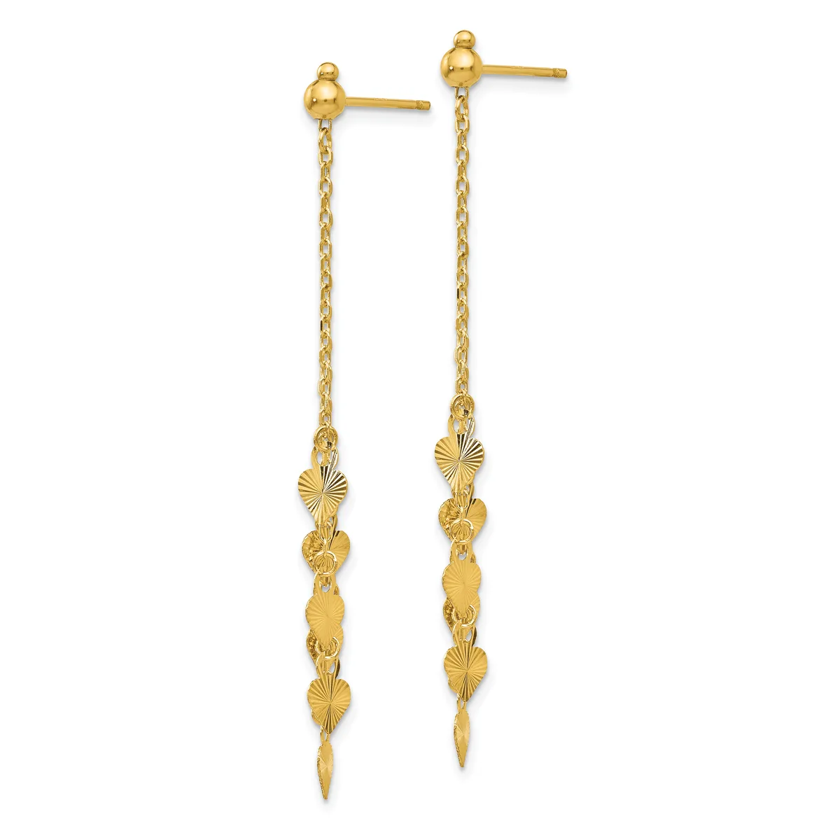 Pair of gold drop earrings with textured spherical and tapered elements suspended from delicate chain links on post backs.