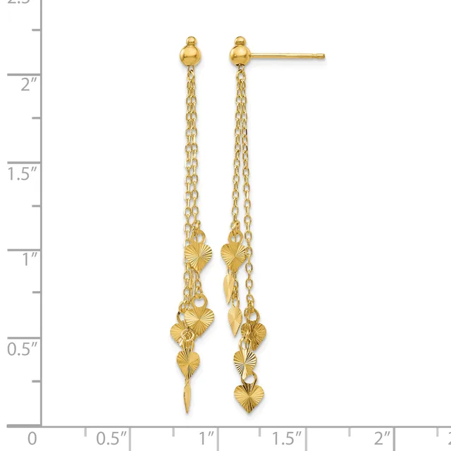 Pair of gold dangle earrings with chain strands and textured fan-shaped charms, displayed against a ruler showing approximately two inches in length.