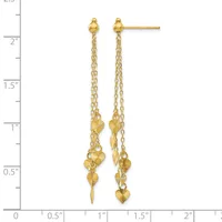 Pair of gold dangle earrings with chain strands and textured fan-shaped charms, displayed against a ruler showing approximately two inches in length.