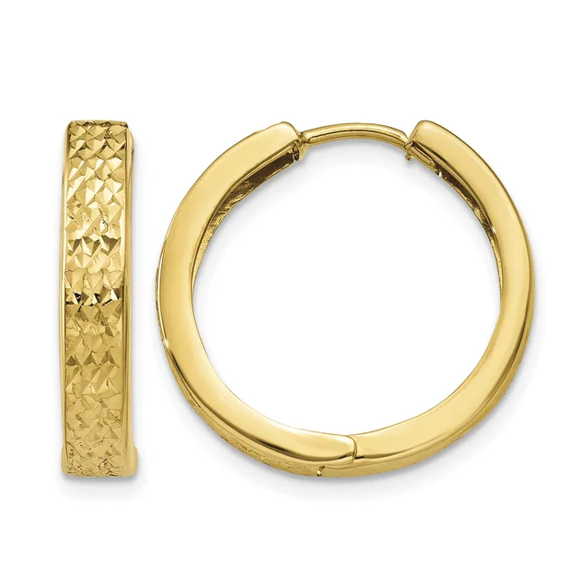 Pair of gold hoop earrings with textured diamond-cut surface on a white background.