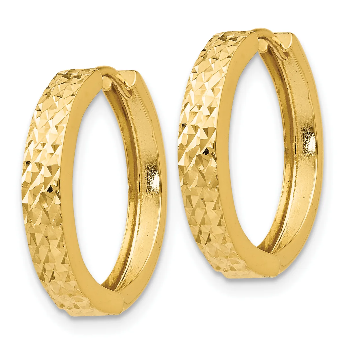 A pair of gold hoop earrings with a textured diamond-cut surface finish and smooth polished inner edges.