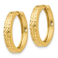 A pair of gold hoop earrings with a textured diamond-cut surface finish and smooth polished inner edges.