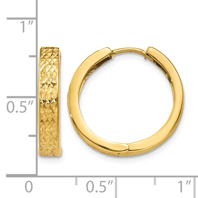 Gold-colored textured hoop earrings shown next to a ruler measuring approximately 0.75 inches in width and 1 inch in height.