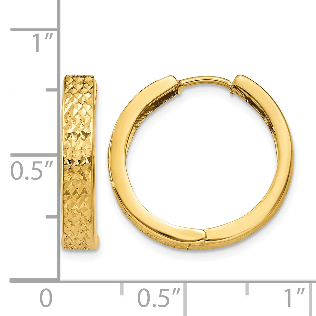 Gold-colored textured hoop earrings shown next to a ruler measuring approximately 0.75 inches in width and 1 inch in height.