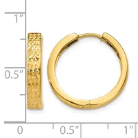Gold-colored textured hoop earrings shown next to a ruler measuring approximately 0.75 inches in width and 1 inch in height.