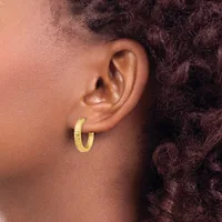 A person wearing a textured gold hoop earring in their earlobe, shown in profile view against their neck and shoulder.