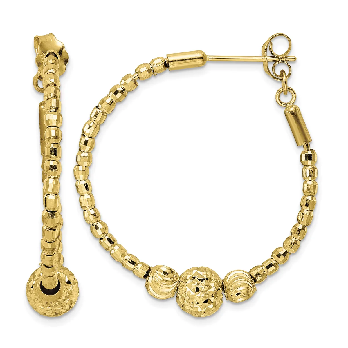 Pair of gold hoop earrings with textured cylindrical beads and three decorative dimpled spheres, shown from front and side views.