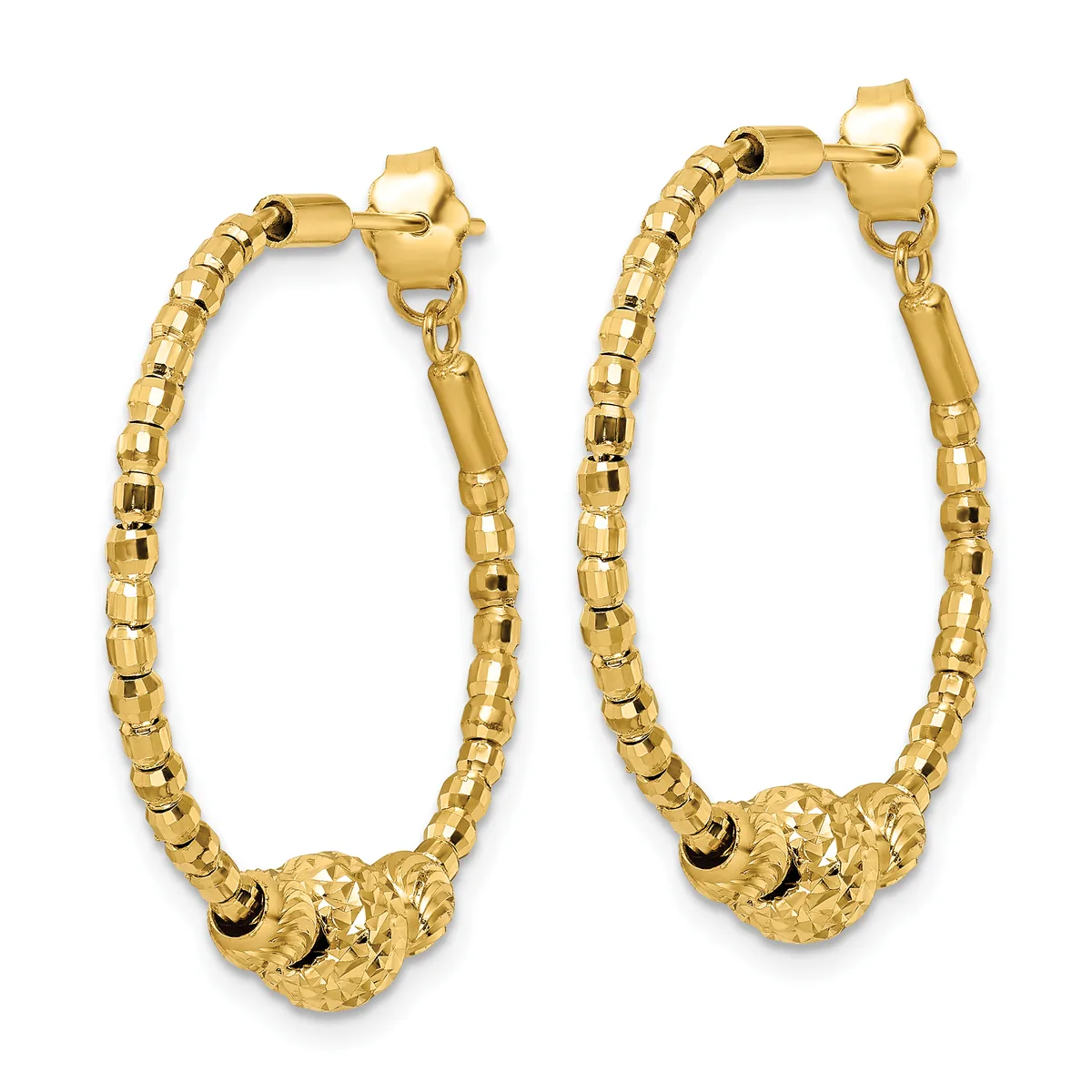 Pair of gold-colored hoop earrings with textured spherical charms and segmented tubing, displayed against a white background.