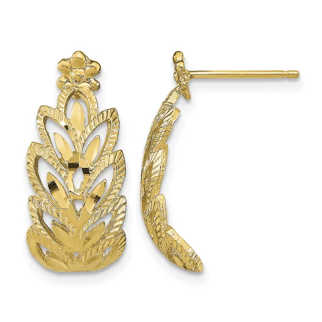 Pair of gold drop earrings with textured leaf and petal design, shown from front and side views.
